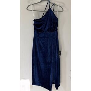 LULUS Happiest Hour Dark Blue Velvet Asymmetrical Bodycon Midi Dress -Sz S- NWT